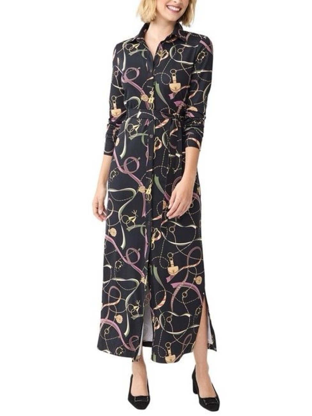 J.MCLAUGHLIN • NWT Amory maxi dress black purple chain print belted XS